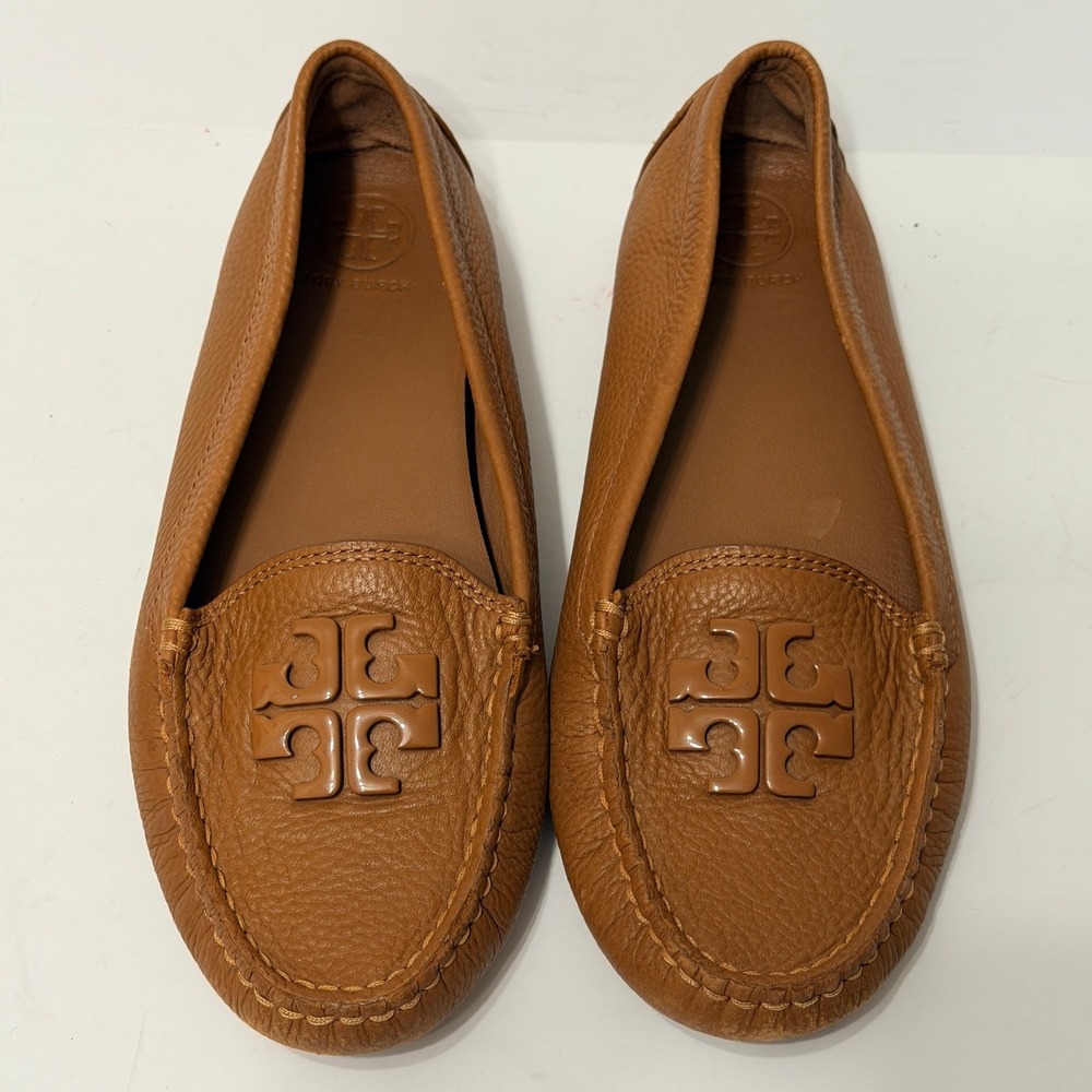 Tory Burch Lowell 2 Driver Leather Loafers Womens 7 Moccasins Caramel Brown